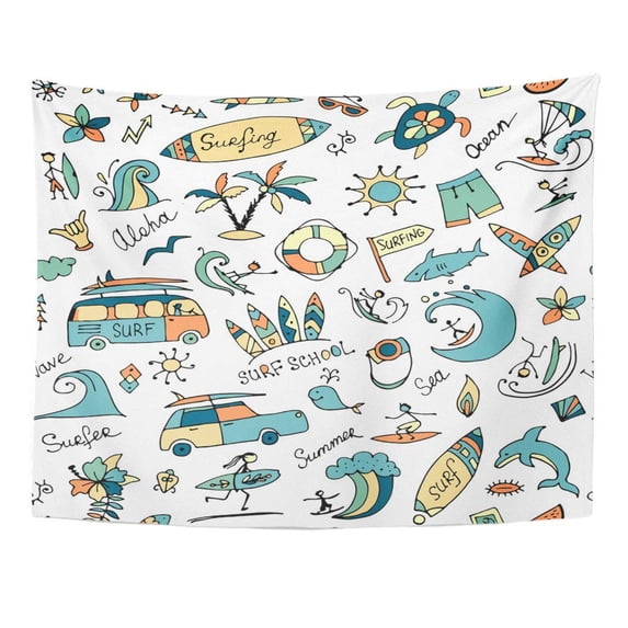 UFAEZU Surf Surfing Sketch Hawaii Pattern Shark Surfer Action Wall Art Hanging Tapestry Home Decor for Living Room Bedroom Dorm 60x80 inch
