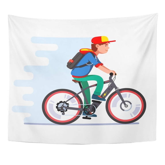 UFAEZU Teenager Boy Riding Fast Modern Electric Bicycle Kid Wearing Backpack Hoodie and Baseball Cap Enjoying Wall Art Hanging Tapestry Home Decor for Living Room Bedroom Dorm 51x60 inch