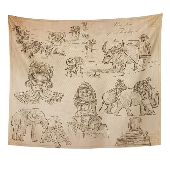 UFAEZU Travel Kingdom Thailand Pictures Life Pack Freehand Sketching Wall Art Hanging Tapestry Home Decor for Living Room Bedroom Dorm 51x60 inch