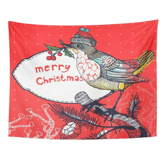 UFAEZU Vintage Christmas Colored Winter Bird Merry Joy Botanical Branch Bump Wall Art Hanging Tapestry Home Decor for Living Room Bedroom Dorm 60x80 inch