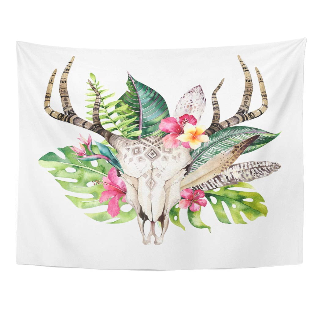 UFAEZU Watercolor Bohemian Cow Skull and Tropic Palm Leaves Western ...