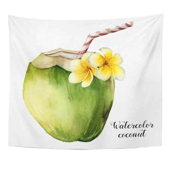 UFAEZU Watercolor Coconut with Plumeria Flowers Hand Exotic Drink Striped Tube and Floral White Tropical Wall Art Hanging Tapestry Home Decor for Living Room Bedroom Dorm 51x60 inch