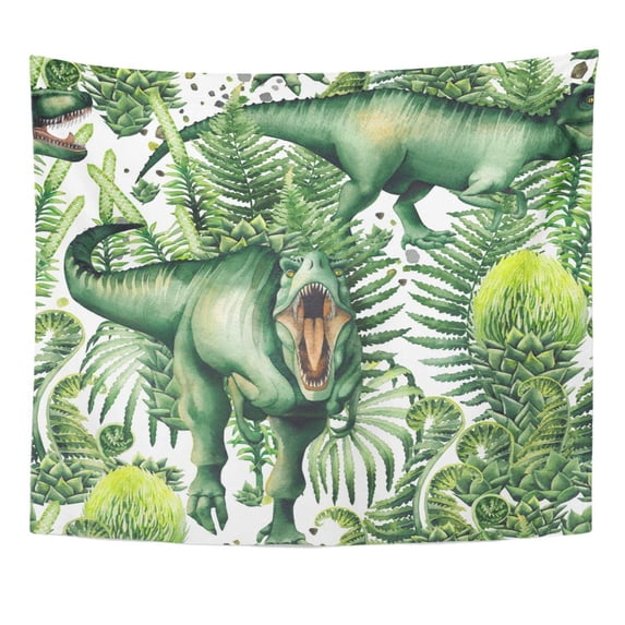 UFAEZU Watercolor Tyrannosaurus Rex Decorated with Green Prehistoric Plants Hand Dinosaurs Predator The Wall Art Hanging Tapestry Home Decor for Living Room Bedroom Dorm 60x80 inch