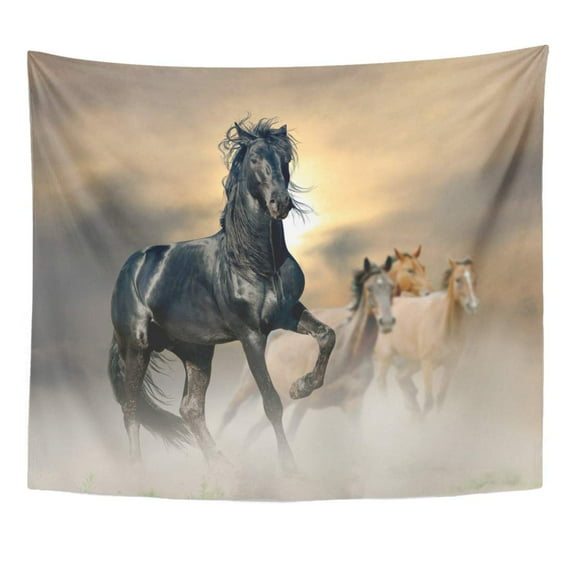 UFAEZU Wild Gray Horse Black Stallion Orange Run Start Beast Dust Emotions Wall Art Hanging Tapestry Home Decor for Living Room Bedroom Dorm 51x60 inch