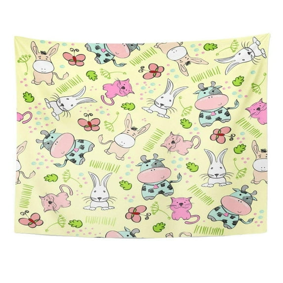 UFAEZU Yellow Child Babies Hand Draw Pattern Baby Burro Butterfly Care Wall Art Hanging Tapestry Home Decor for Living Room Bedroom Dorm 51x60 inch