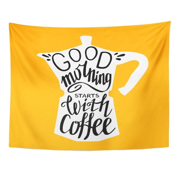 UFAEZU Yellow Vintage Coffee Maker Silhouette and Phrase in It Good Morning Starts Hand Lettering Quote Abstract Wall Art Hanging Tapestry Home Decor for Living Room Bedroom Dorm 51x60 inch