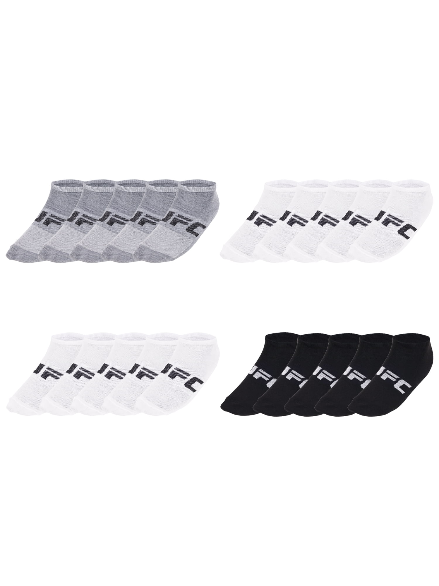 UFC 20 Pair Men's Lightweight No Show Socks with Arch Logo, Blk/Wht/Grey