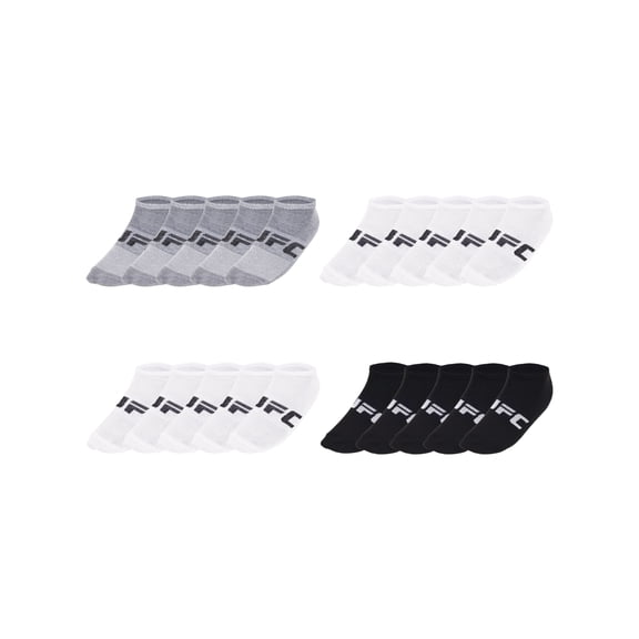 UFC 20 Pair Men's Lightweight No Show Socks with Arch Logo, Blk/Wht/Grey
