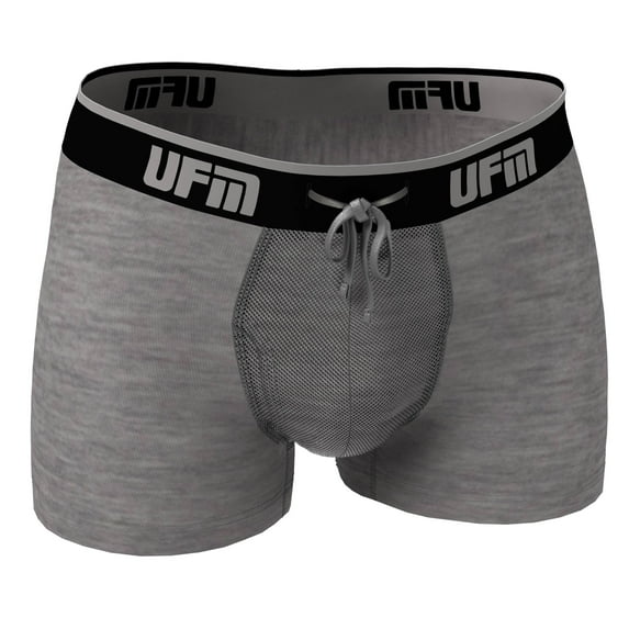 UFM Mens Bamboo/Spandex 3 inch Inseam Trunk featuring UFM's Exclusive Patented Adjustable Support Pouch, Regular Support, Gray, 28-30 waist
