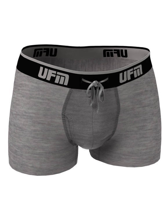 Mens Bamboo/Spandex 3 inch Inseam Trunk featuring UFM's Exclusive Patented Adjustable Support Pouch, Regular Support, Gray, 40-42 waist