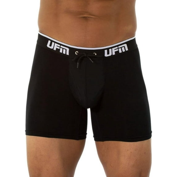 UFM Mens Bamboo/Spandex 6 inch Inseam Boxer Brief Featuring UFM's Exclusive Patented Adjustable Support Pouch, Regular Support, Black, 32-34 Waist