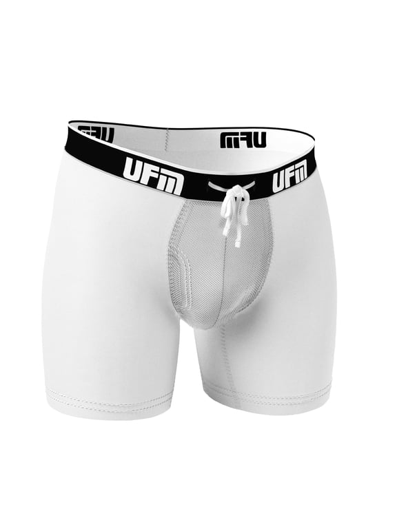 Mens Bamboo/Spandex 6 inch Inseam Boxer Brief Featuring UFM's Exclusive Patented Adjustable Support Pouch, Regular Support, White, 32-34 Waist