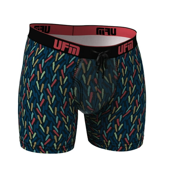 UFM Mens Designer Series Bamboo/Spandex 6 inch inseam Boxer Brief featuring UFM's Exclusive Patented Adjustable Support Pouch, Regular Support, Confetti, 36-38 waist