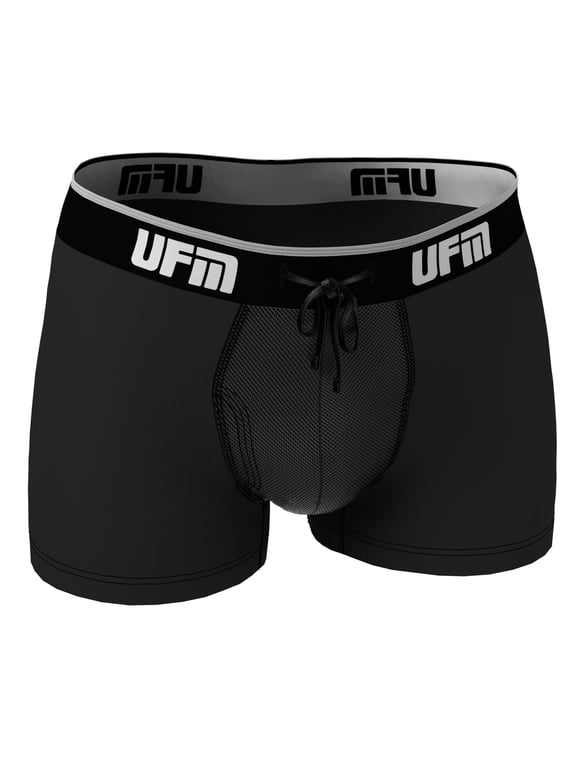 Mens Polyester/Spandex 3 inch Inseam Trunk featuring UFM's Exclusive Patented Adjustable Support Pouch, Regular Support, Black, 52-54 waist