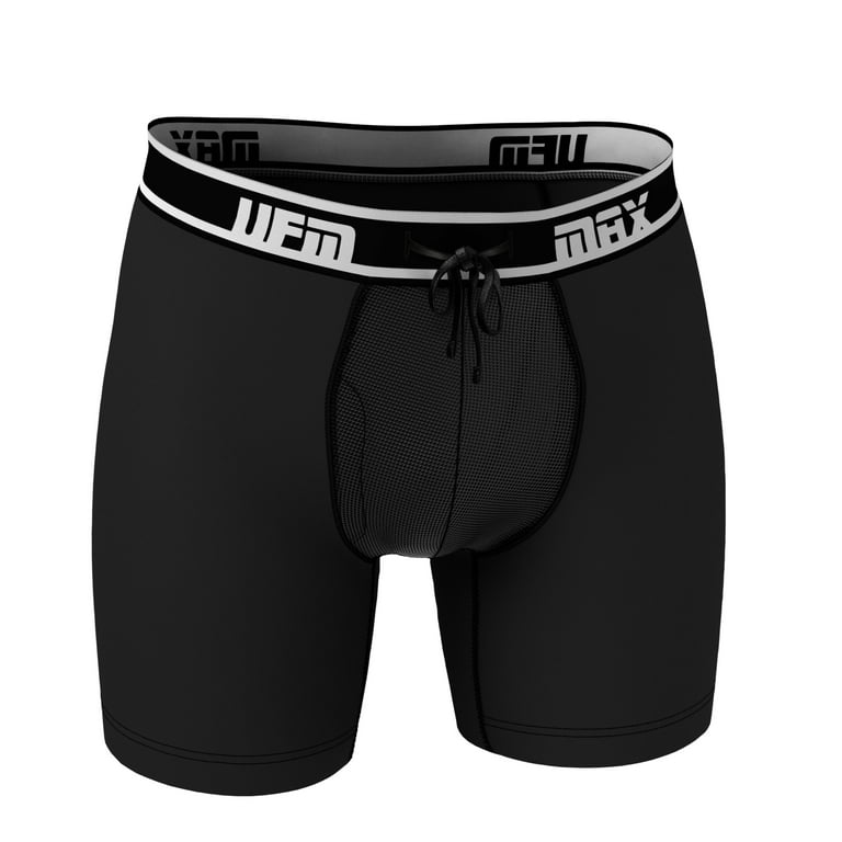 UFM Mens Polyester/Spandex 6 inch Inseam Boxer Brief Featuring UFM's  Exclusive Patented Adjustable Support Pouch, Max Support, Black, 28-30  Waist 