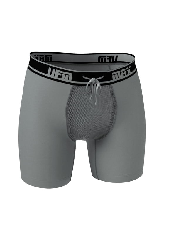 Mens Polyester/Spandex 6 inch Inseam Boxer Brief Featuring UFM's Exclusive Patented Adjustable Support Pouch, Max Support, Gray, 28-30 Waist