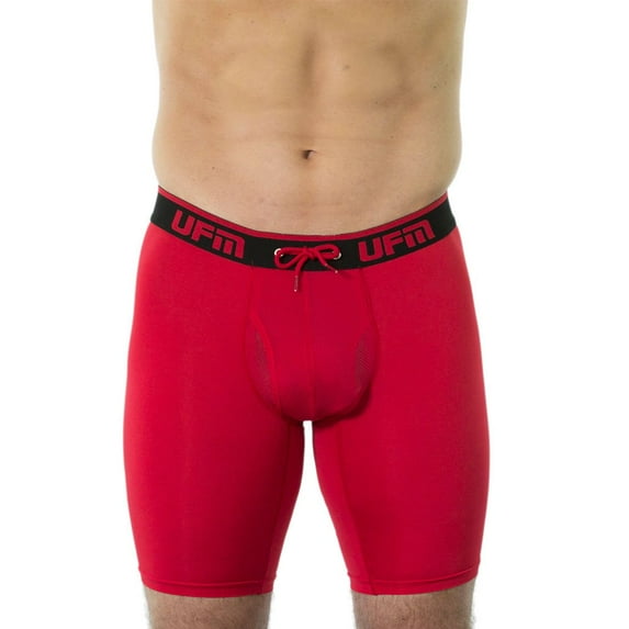 UFM Mens Polyester/Spandex 9 inch Inseam Long Boxer Brief featuring UFM's Exclusive Patented Adjustable Support Pouch, Regular Support, Red, 24-26 waist