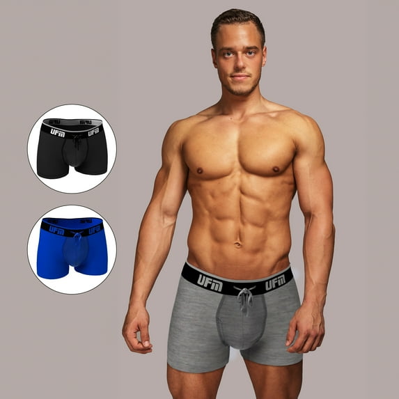 UFM Mens Underwear, 3 Inch Inseam Poly-Spandex Mens Boxer Briefs, Adjustable REG Support Pouch Mens Boxers, 32-34(M) Waist, Gray