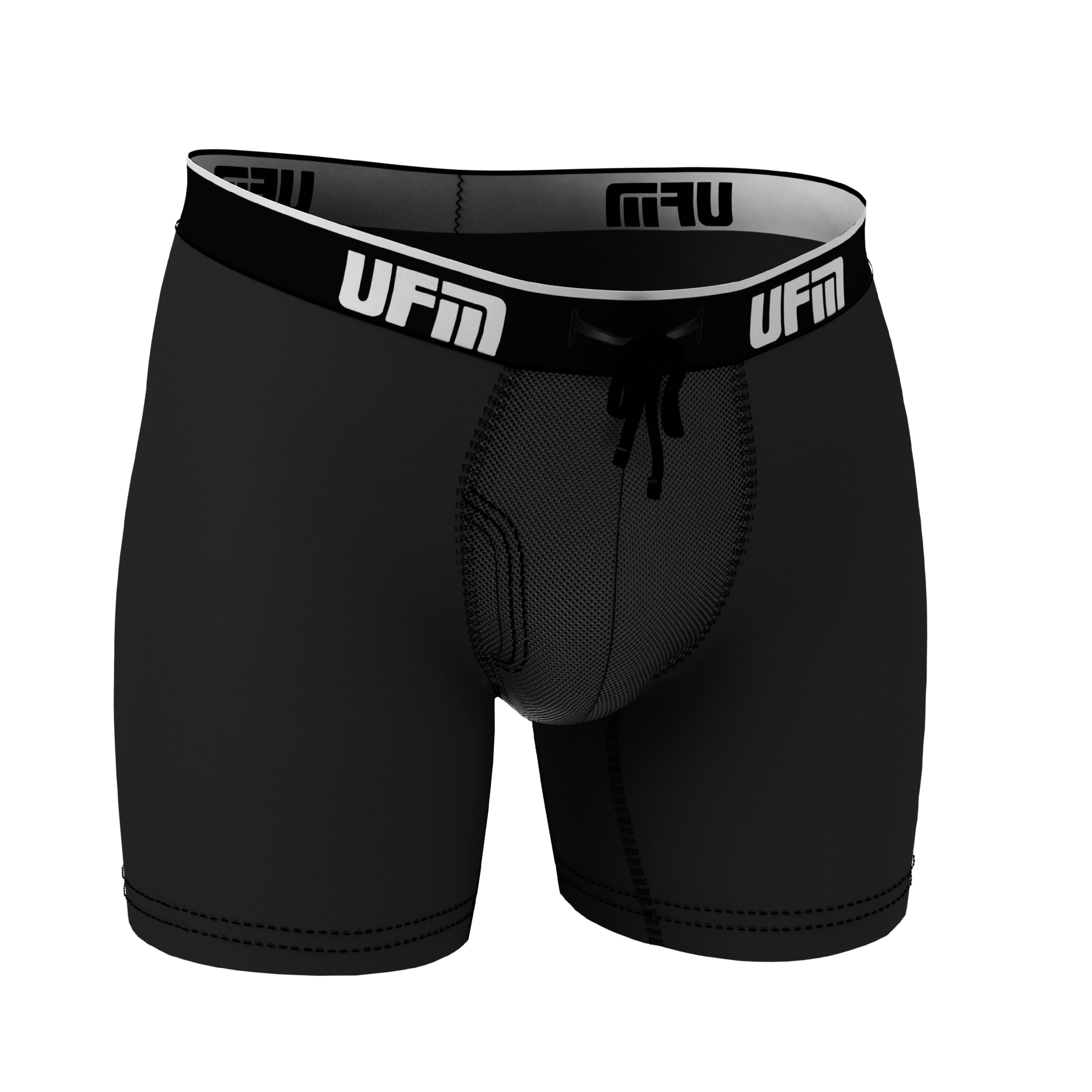 UFM Mens Underwear, 6 Inch Inseam Poly-Spandex Mens Boxer Briefs,  Adjustable REG Support Pouch Mens Boxers, 44-46(2XL) Waist, Black