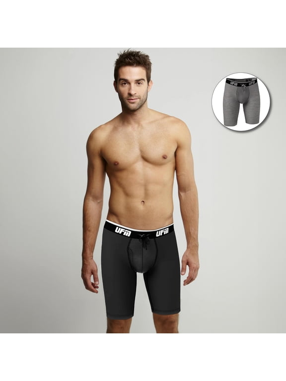 Mens Underwear, 9 Inch Inseam Bamboo-Spandex Mens Boxer Briefs, Adjustable Support Pouch Mens Boxers, 32-34 Waist, Black