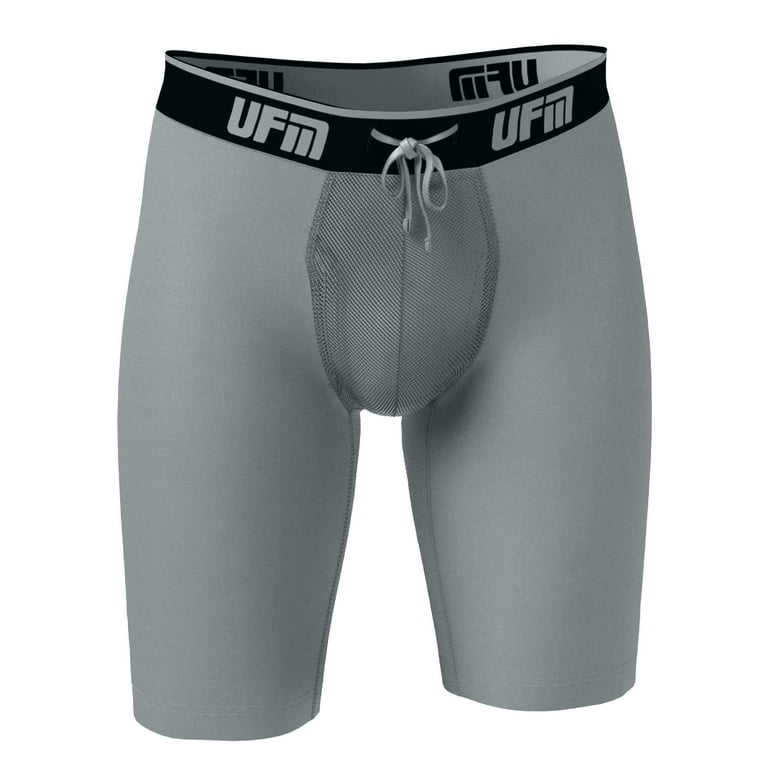 UFM Mens Underwear, 9 Inch Inseam Poly-Spandex Mens Boxer Briefs,  Adjustable REG Support Pouch Mens Boxers, 28-30(S) Waist, Gray 