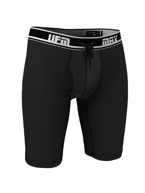 Mens Underwear, 9 Inch Inseam Poly-Spandex Mens Boxer Briefs, Adjustable REG Support Pouch Mens Boxers, 32-34(M) Waist, Black