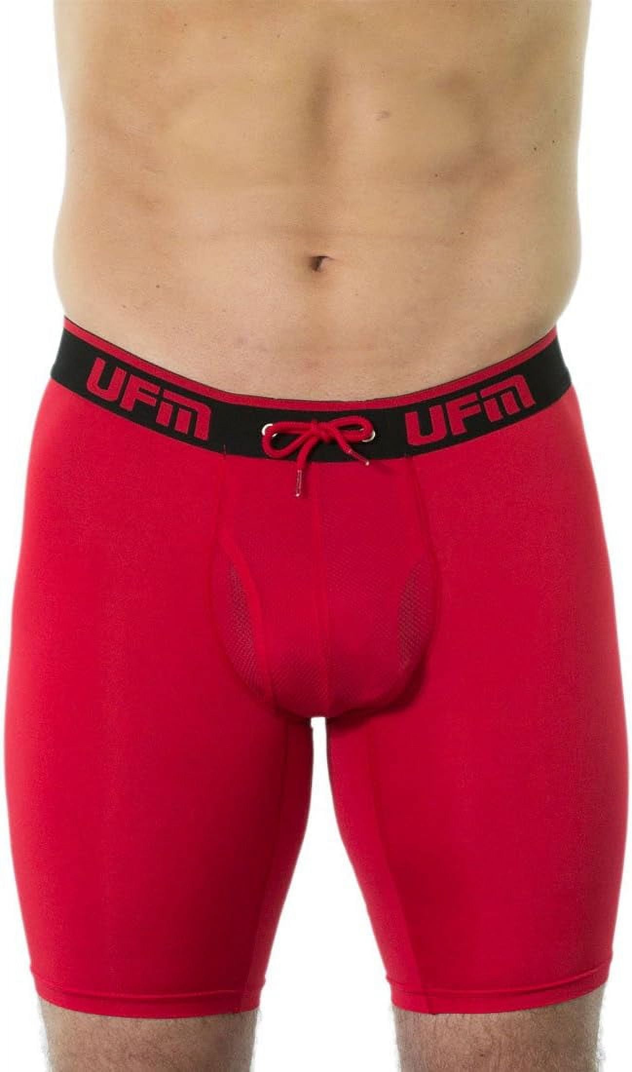 UFM Mens Underwear, 9 Inch Inseam Poly-Spandex Mens Boxer Briefs, Adjustable  REG Support Pouch Mens Boxers, 32-34(M) Waist, Red 