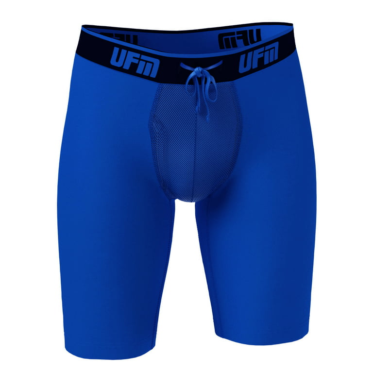 UFM Mens Underwear, 9 Inch Inseam Poly-Spandex Mens Boxer Briefs,  Adjustable REG Support Pouch Mens Boxers, 36-38(L) Waist, Blue 