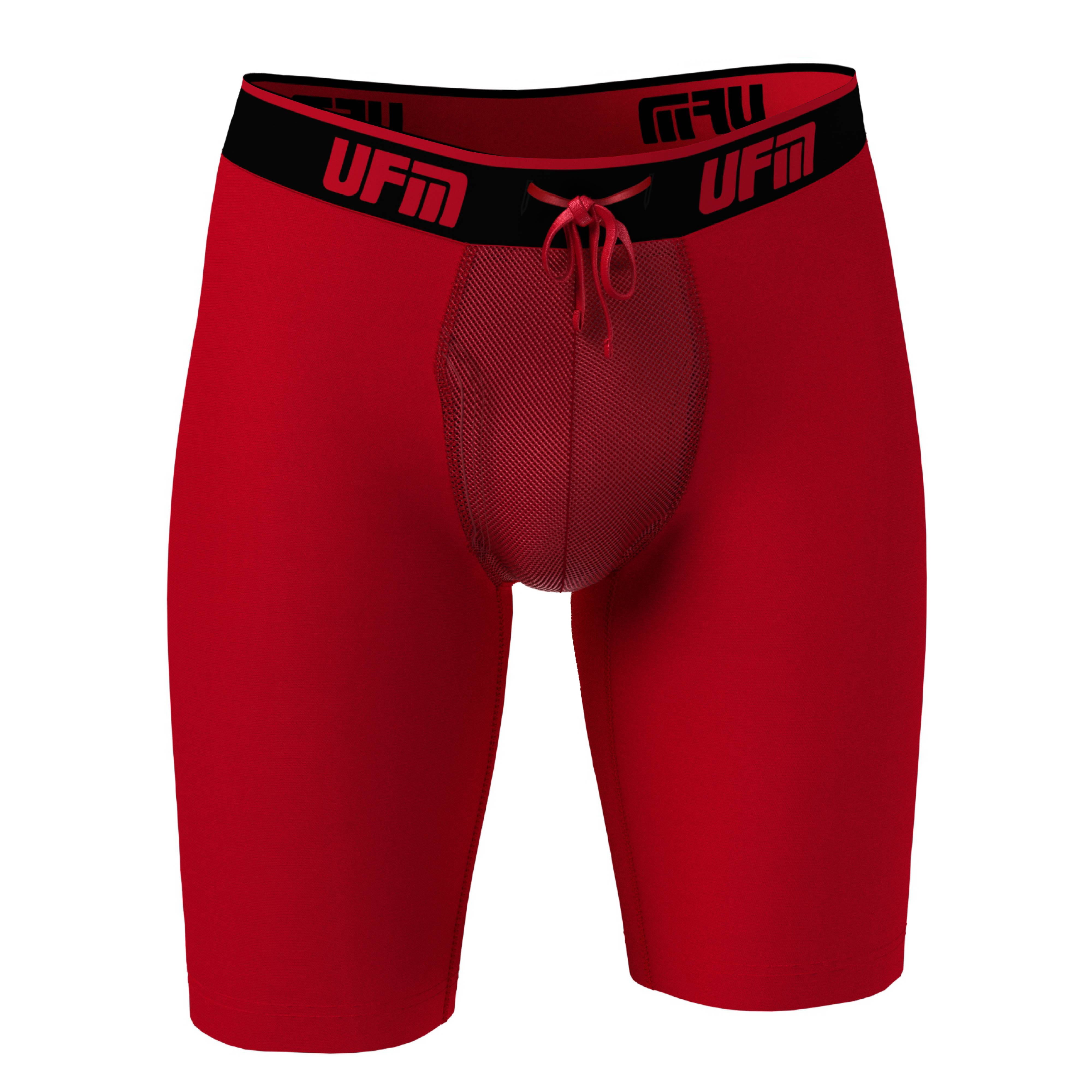 UFM Mens Underwear, 9 Inch Inseam Poly-Spandex Mens Boxer Briefs,  Adjustable REG Support Pouch Mens Boxers, 52-54(4XL) Waist, Red 