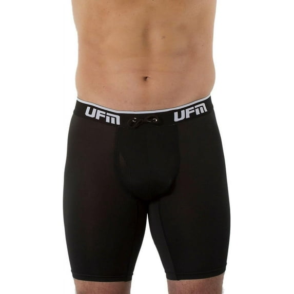 UFM Mens Underwear, 9 Inch Inseam Poly-Spandex Mens Boxer Briefs, Adjustable Support Pouch Mens Boxers, 48-50 Waist, Black