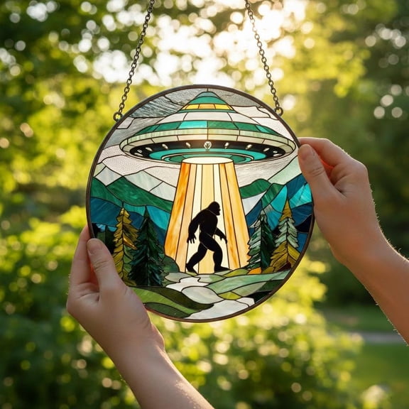 UFO Abduction Bigfoot Glass Suncatcher, Funny Cryptid Window Hanging, Sasquatch Alien Home Decor, 6.3 in