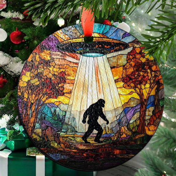 UFO Abduction Bigfoot Mountain GLASS Suncatcher, Bigfoot Suncatcher, Bigfoot Lover Gift, Unique Sasquatch Hanging Window, Nature Suncatcher, Ornament 2025, Holiday 2025, Seasonal