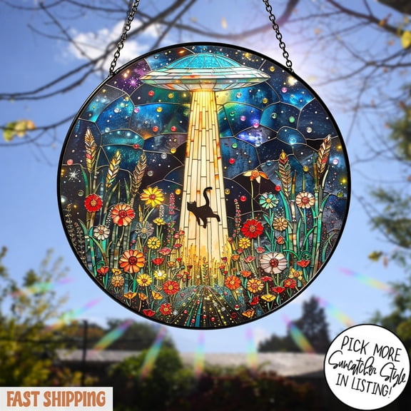 UFO Abduction Black Cat Wildflowers Garden Stone - Resin Stepping Stone | Vibrant Fantasy Art | Whimsical Feline Yard Decor | Unique Gifts for Cat Lovers | Outdoor Patio Pathway Accent