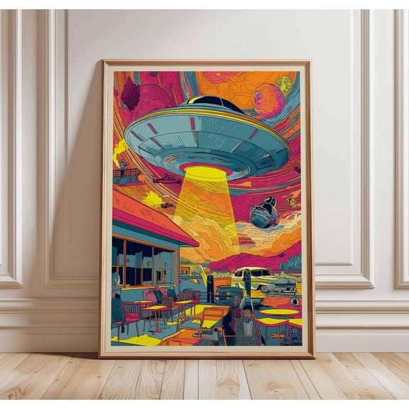 UFO Abduction Pop Art Neon Sci-Fi Diner Vibrant Retro Comic Art Unframed Paper Print