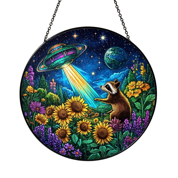 UFO Abduction Raccoon Stained Glass Suncatcher, Funny Alien Window Hanging Gift