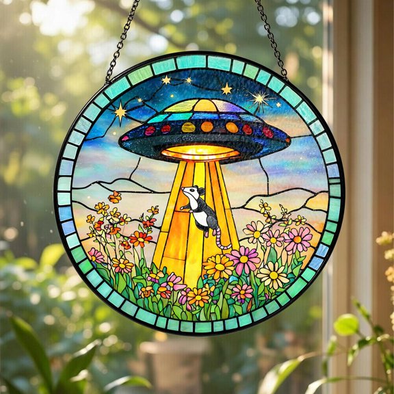UFO Abduction Spaceship Glass Suncatcher, Funny Abduction Window Hanging, Alien Art, 3.5 in