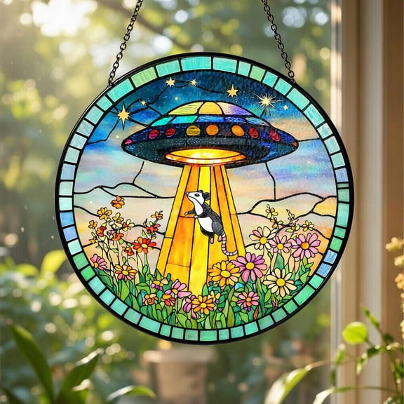 UFO Abduction Spaceship Glass Suncatcher, Funny Abduction Window Hanging, UFO Wildflowers Art, Alien Spaceship, 6.3 in