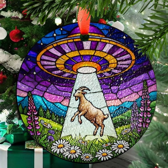 UFO Abduction goat Wildflowers Glass Suncatcher Hanigng, goat Window Hanging, Indoor Decor, wildflower suncatcher, Ornament 2025, Holiday Decoration, Seasonal 2025, Festive Home