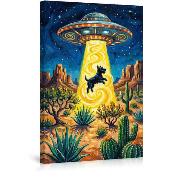 UFO Abduction of Scottish Terrier in Desert Night Canvas Print Wall Art,Alien Beam Sci-Fi Pet Decor for Living Room Bedroom Home Office
