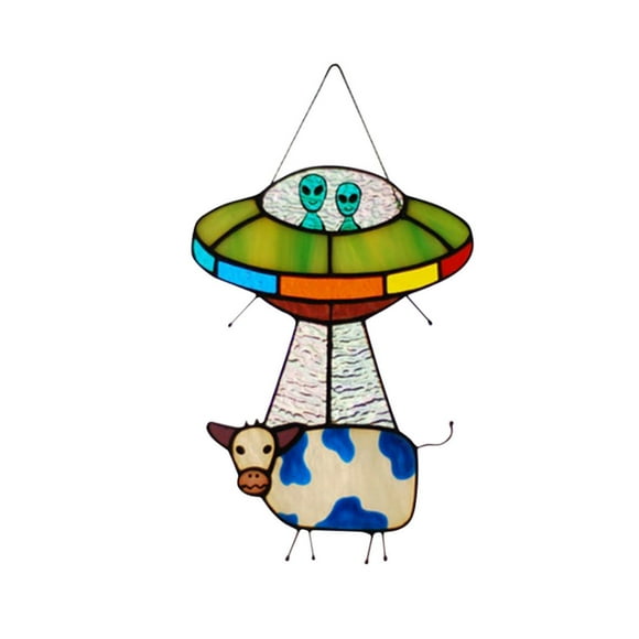 UFO Acrylic Window Hanging Dec, Bright and Cheerful Pendant with Cows and Spaceships, Colourful Home Decoration for Room, Door Window, Perfect Gift