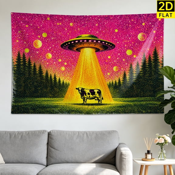 UFO Alien Abduction Cow Galaxy Forest Wall tapestry, Large size Printed Horizontal Tapestry blanket, Polyester Fabric Wall Hanging for living room, bedroom, Gift for Family and Friends