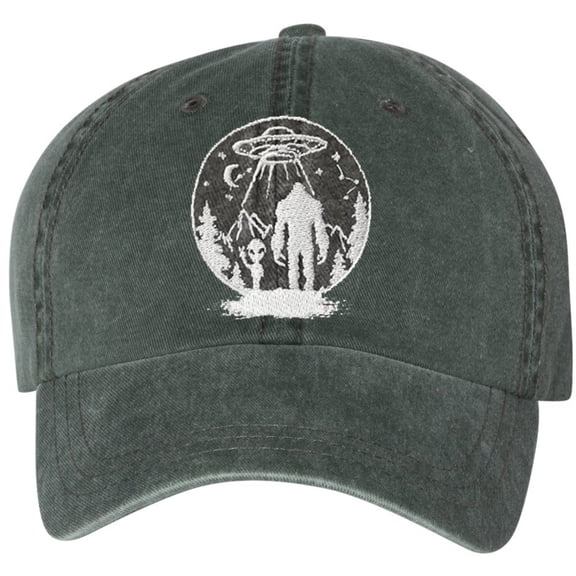 UFO Alien Big Foot Hats Embroidered Baseball Cap | Funny Graphic Vintage Washed Cotton Hat for Men & Women