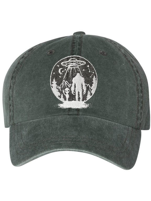 UFO Alien Big Foot Hats Embroidered Baseball Cap | Funny Graphic Vintage Washed Cotton Hat for Men & Women (ForestGreen)