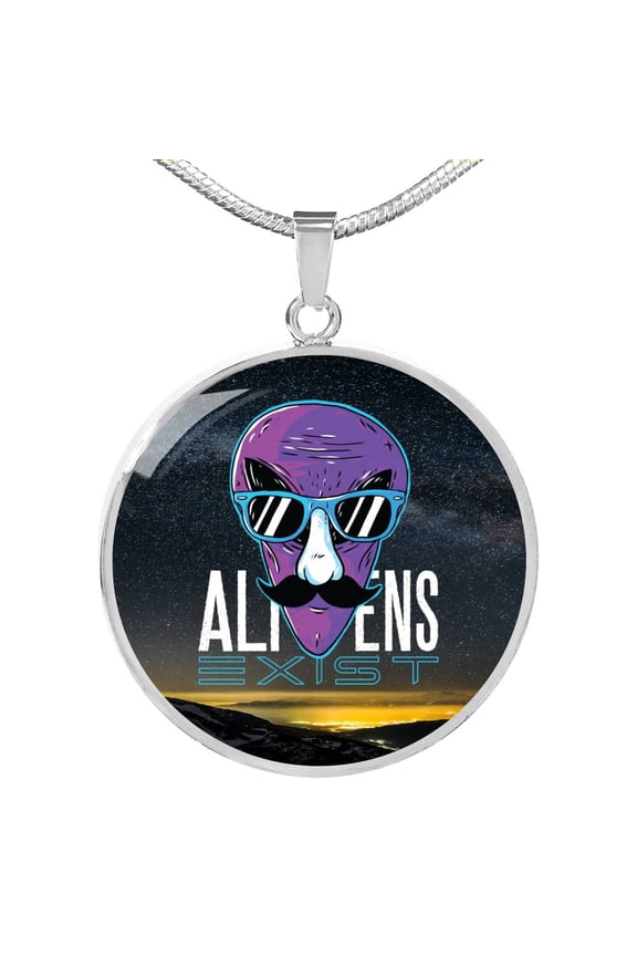UFO Alien Fan Alien Exist Circle Necklace Stainless Steel 24 Inch Chain Silver Tone or Gold Tone