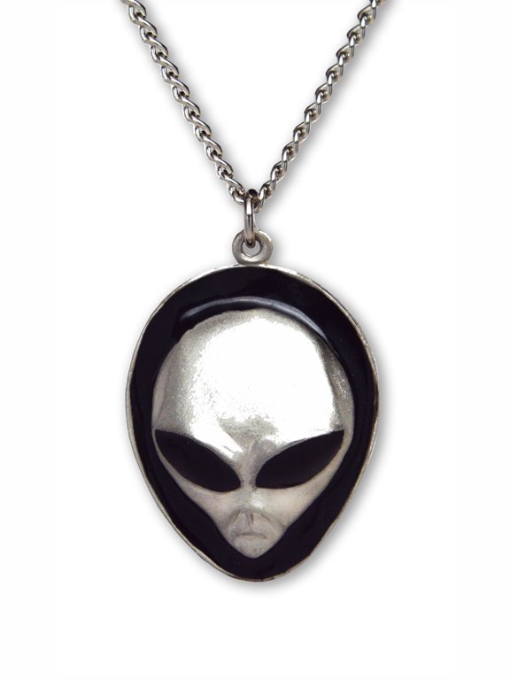 UFO Alien Head with Black Enamel Eyes Pendant Necklace by Real Metal NK-249B