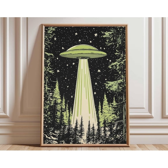 UFO Alien Spaceship Forest Wall Art Print, Unframed Paper Poster 8x10in
