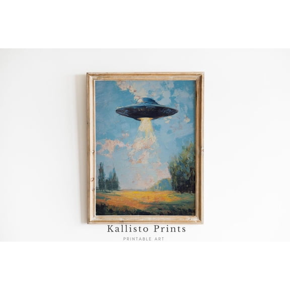 UFO , Alien Spaceship Wall Art, Surreal Landscape Artwork, Blue Sky UFO Beam Poster, Sci Fi Home Decor 1200, Size 8x12 UNFFRAMED F03.1.6l3063