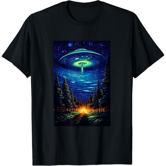 UFO Aliens Flying Saucer - Van Gogh Style - Starry Night T-Shirt