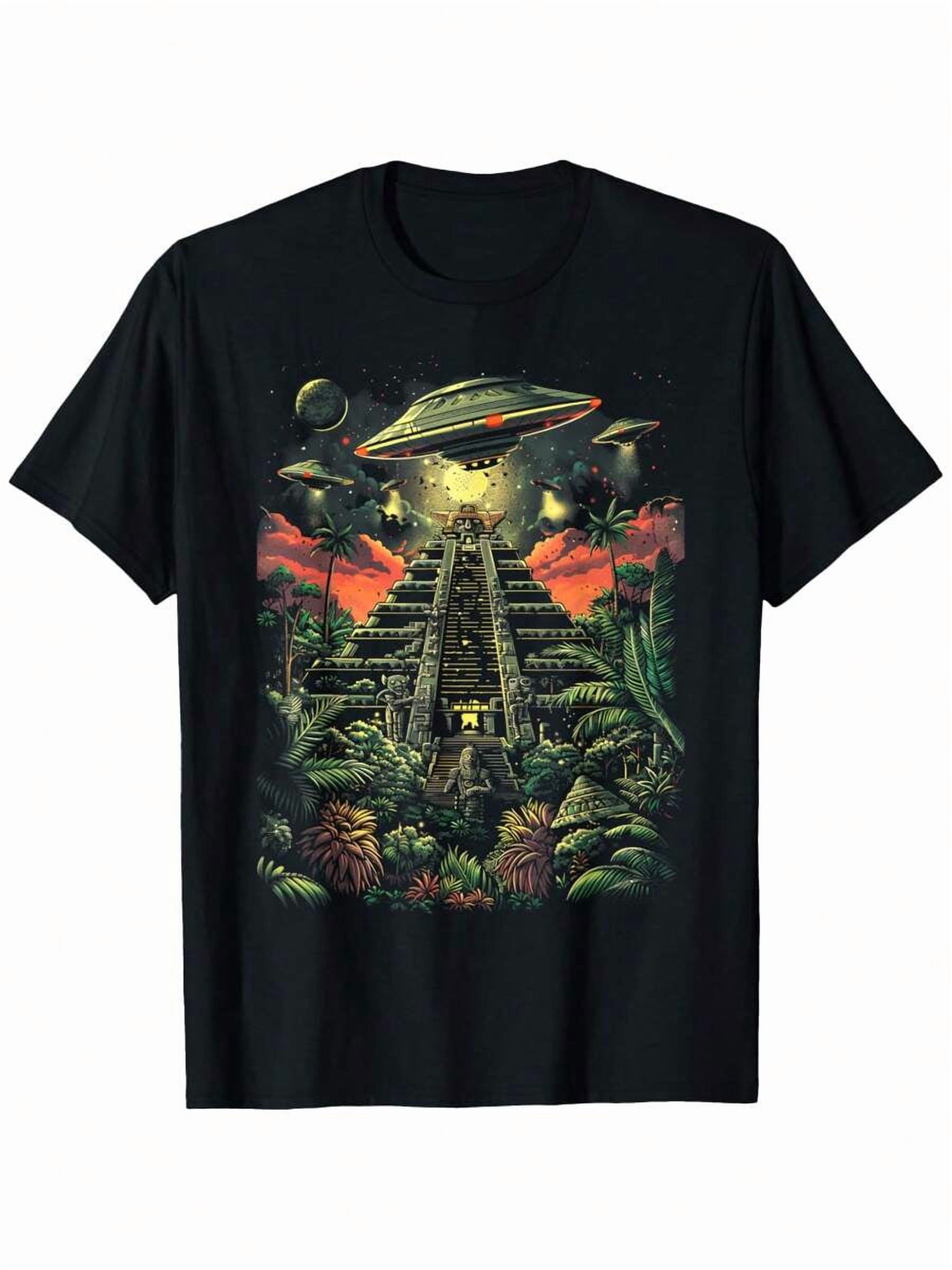 UFO Ancient Alien Pyramid South America Jungle Graphic Tees Summer ...