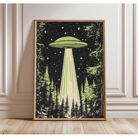 UFO Art Alien Spaceship Forest Green Light Beam Sci Fi Decor, Unframed Canvas